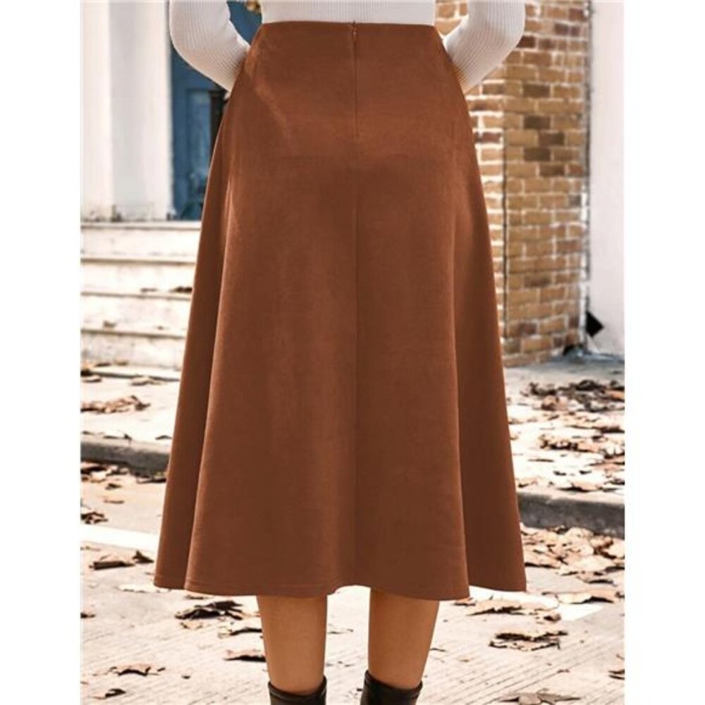 Women's Suede Skirt High Waist A-Line Skirt Winter Midi Skirt - Picture 5 of 7